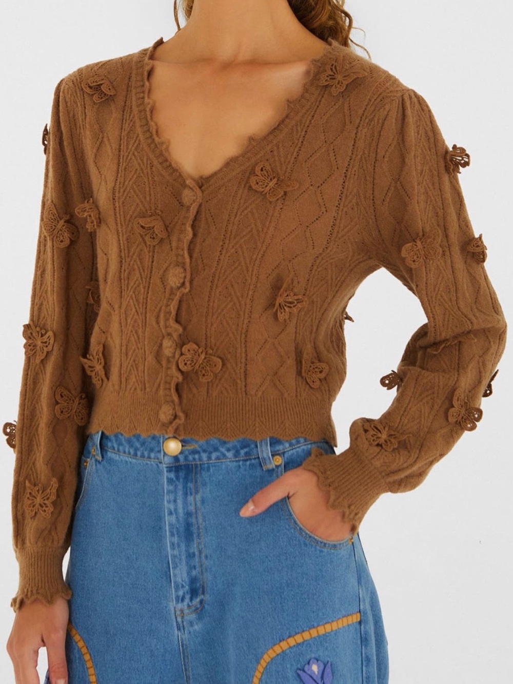 FARM Rio Richielieu 3-D Butterfly Detail Cardigan Sand - Size - L